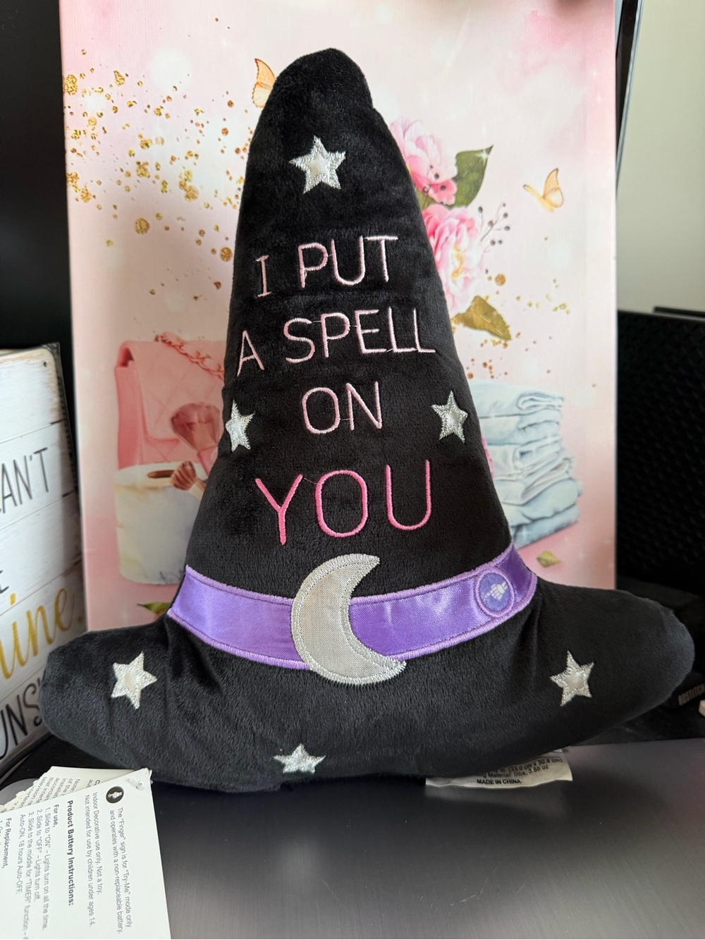 Black Witch Hat Pillow I Put a Spell on You Plush Home Throe Pillow Lights up